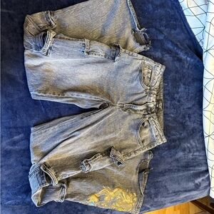 Ed Hardy Gray Boyfriend Jeans with Gold Detail has hole